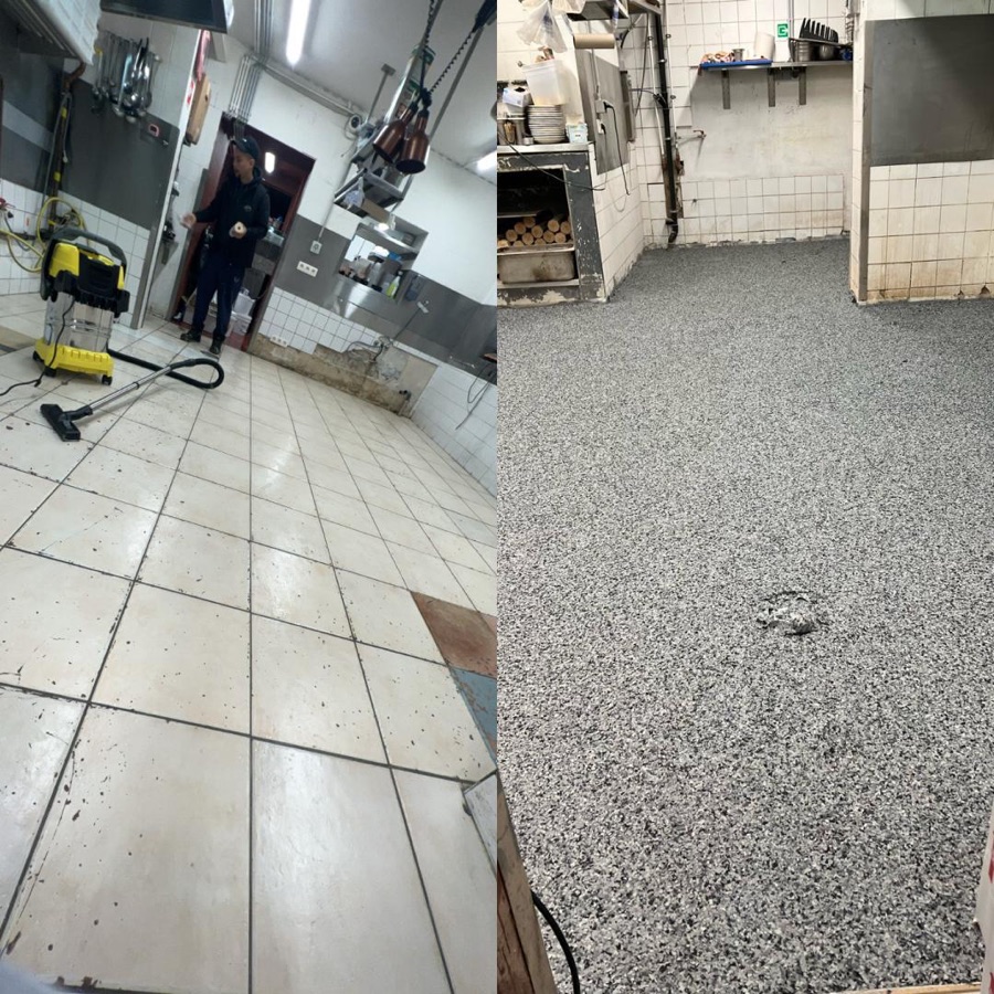 Cuisine professionnelle avant et après la pose d'un sol époxy à flocons